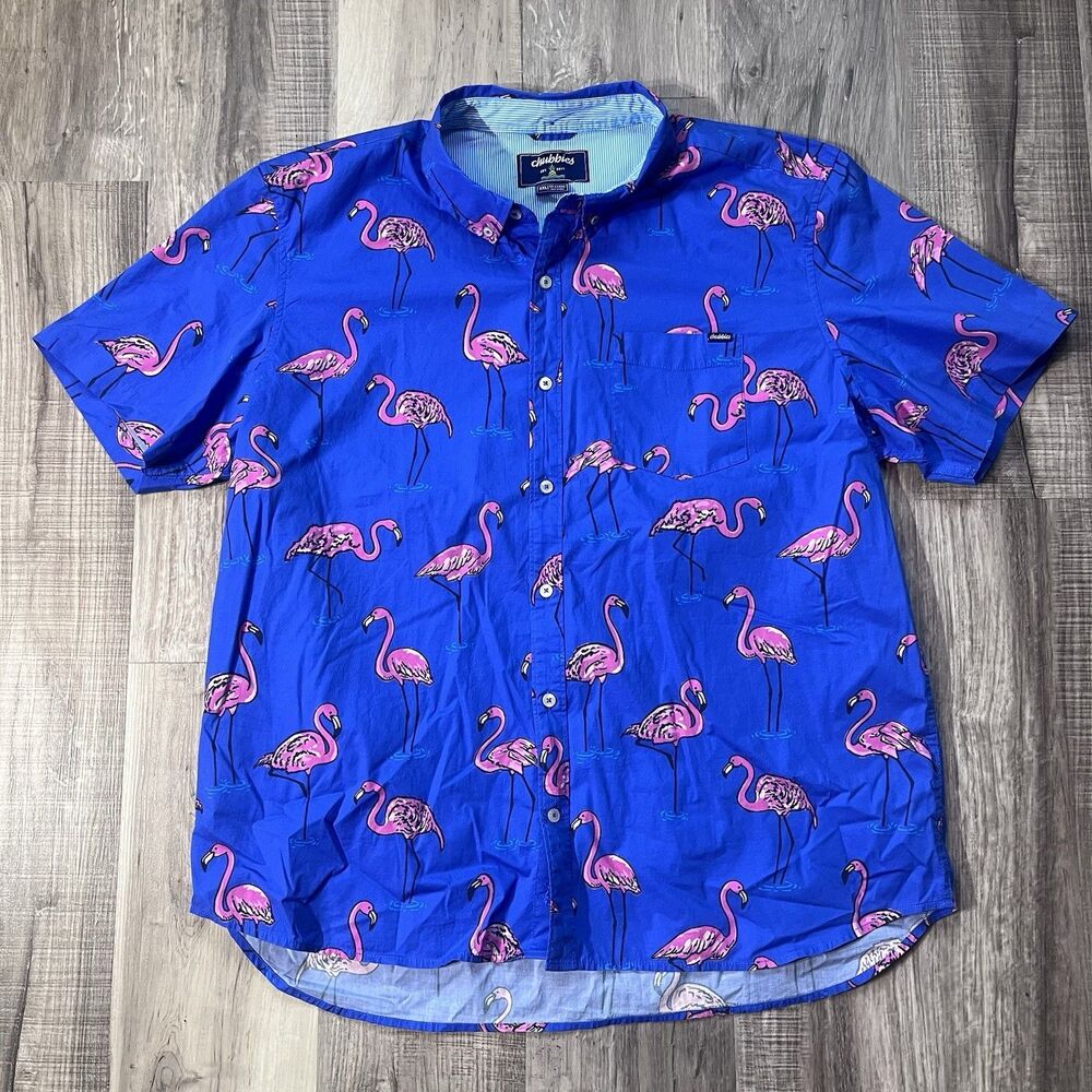 Chubbies The Pop Flock Friday Shirt Mens XXL Button Up Blue Flamingos Stretch